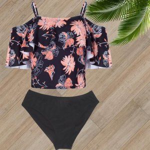 BLACK PRINT OFF SHOULDER TWO PIECE SWIMSUIT